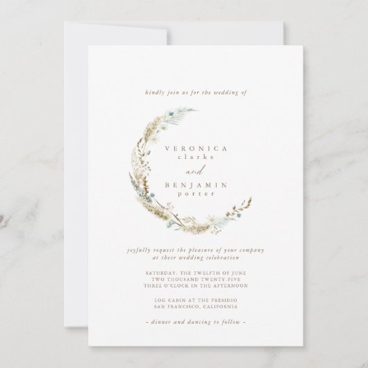 Boho Minimalist Muted Blue & Dried Grass Wedding Kaart (Voorkant)