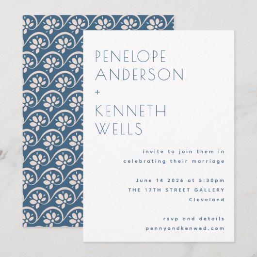 Boho Minimalist Scandinavian Blue Floral Wedding Kaart (Voorkant / Achterkant)