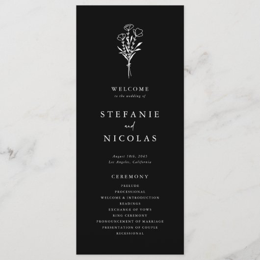 Boho minimalistische botanicals zwart bruiloft programma (Voorkant)