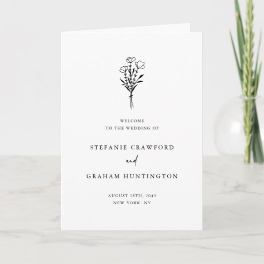 Boho minimalistische botanicals zwart-wit bruiloft programma (Voorkant)