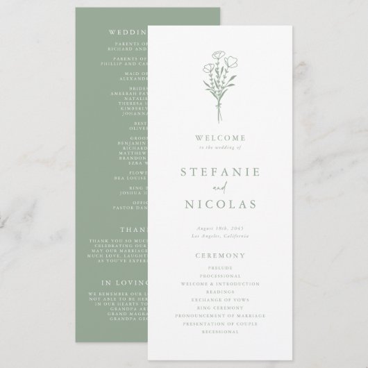 Boho Minimalistische Botanische Saliegroene Trouwd Programma (Voorkant / Achterkant)