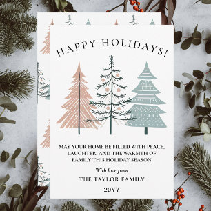 Boho Minimalistische Handgetekende Kerstbomen Feestdagenkaart