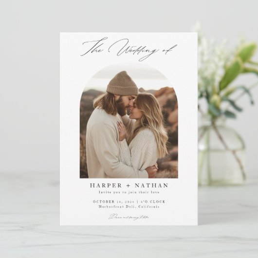 Boho Minimalistische QR Code Fotobruiloft Kaart (Staand voorkant)