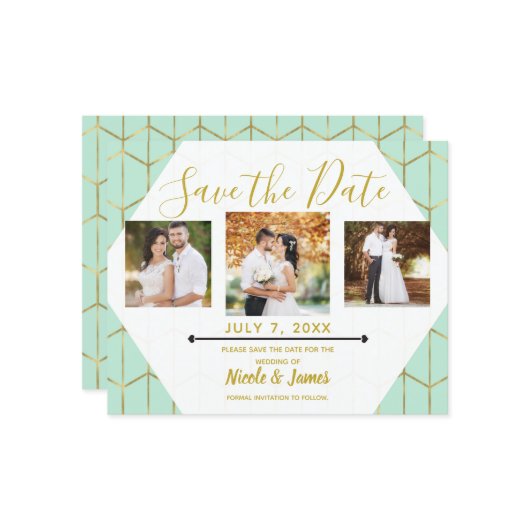 Boho Mint Green Hexagon Gold Geometric Save Date (Voorkant / Achterkant in situ)