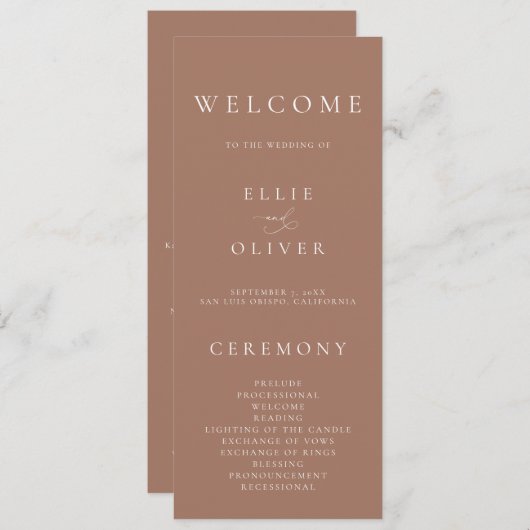Boho Mocha Mousse Elegante minimalistische bruilof Programma (Voorkant / Achterkant)