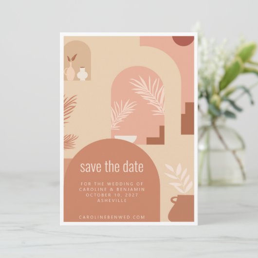 Boho Modern Floral Art Terracotta Simple Save The Date (Staand voorkant)