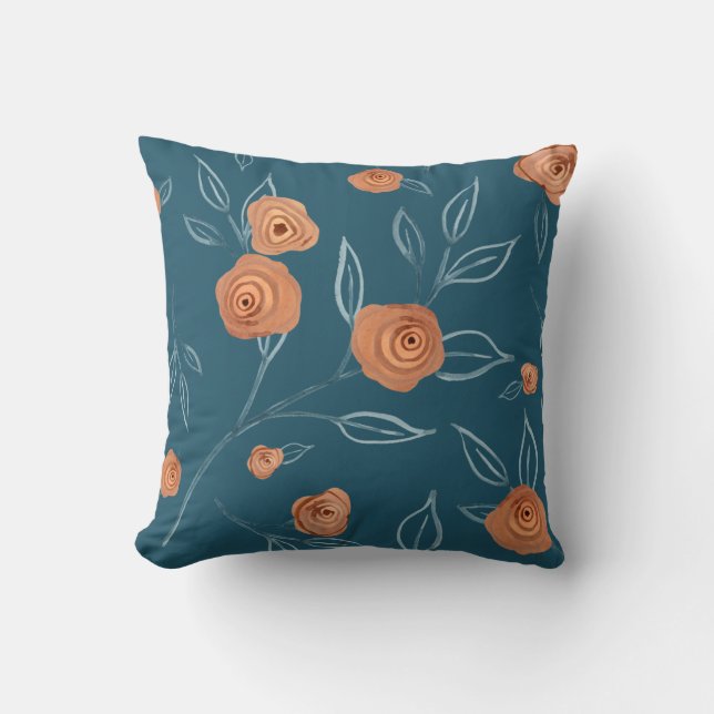 BOHO Modern Floral Waterverf Turquoise Peach Leaf Kussen (Voorkant)