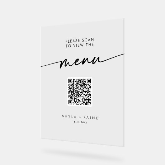 Boho Modern QR Code Clear Acrylique Mariage Menu (Angle)
