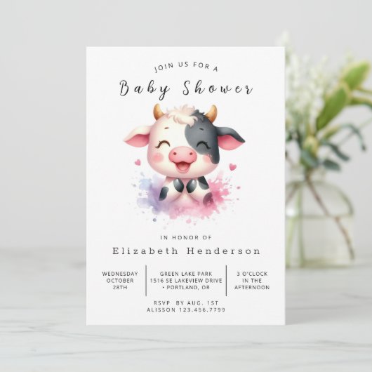 Boho Modern Rustieke Koe Baby shower Kaart (Staand voorkant)