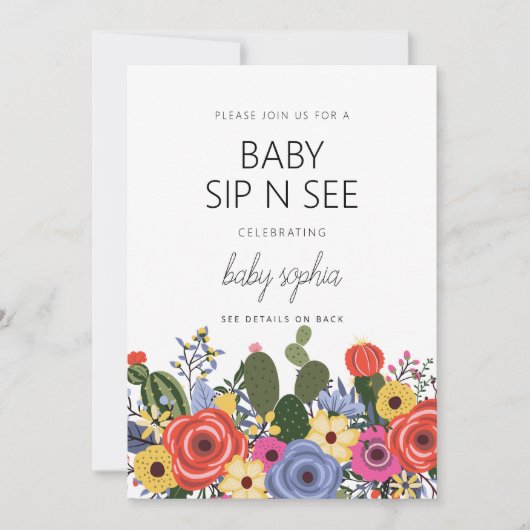 Boho Moderne Floral Baby Sip Et Voir Invitation (Devant)