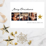Boho moderne Joyeux Noël 3 Photo Collage<br><div class="desc">Ce design minimaliste, élégant et amusant présente trois de vos photos préférées en forme de carré, avec un Joyeux Noël dans un script moderne boho ci-dessus et votre nom en typographie moderne simple ci-dessous. La carte est décorée par une fausse étoile d'or. Son design simple noir et blanc incarne une...</div>