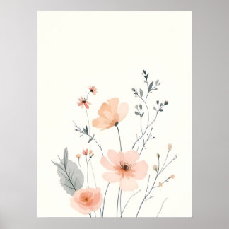 Boho Moderne Kunst. Zachte Blush Bloemen Schets Poster