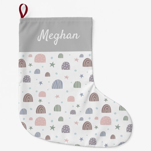 Boho moderne pastel regenboog sterren monogram grote kerstsok (Voorkant)