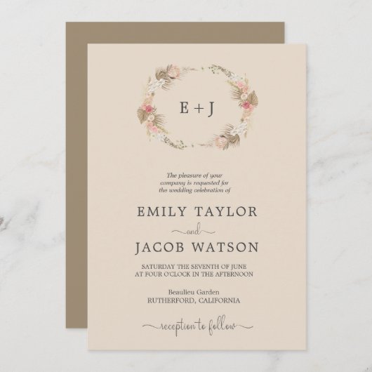 Boho Monogram Faire-part de mariage de couronne fl (Devant / Derrière)