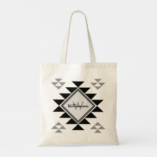 Boho Monogram Naam Zwarte Grijze Geometrische Canv Tote Bag