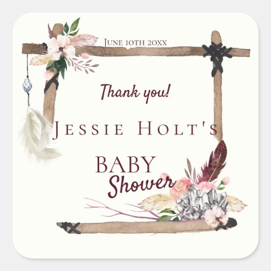 Boho Mooi Baby shower Dank u Vierkante Sticker (Voorkant)