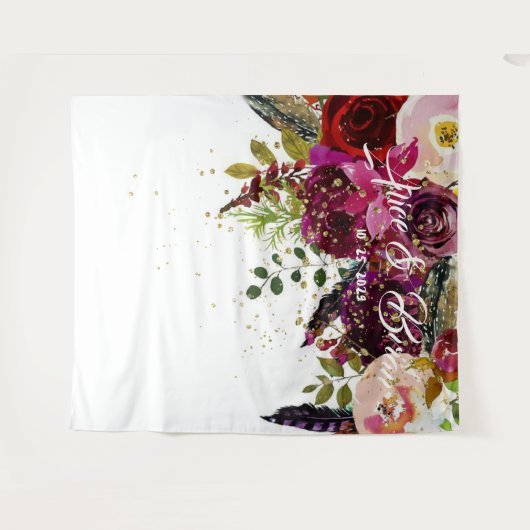 Boho Mooi Dieprode Bloem Bruiloft Achtergrond Wandkleed (Voorkant (horizontaal))