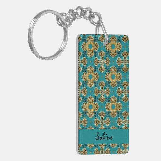 Boho Moroccan Tile Blue en Gold Acrylic Sleutelhan Sleutelhanger (Voorkant Links)