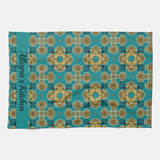 Boho Moroccan Tile Blue en Gold Theedoek (Horizontaal)