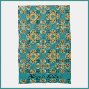 Boho Moroccan Tile Blue en Gold Theedoek