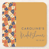 Boho Mosterd Blauwe Botanische Bruiloft Custom Vierkante Kartonnen Onderzetter (Voorkant)