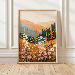 Boho Mountain Daisy Wildflower Landschap 18x24" Poster