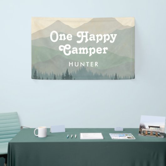 Boho Mountains One Happy Camper Boys 1e verjaardag Spandoek (Beurs)