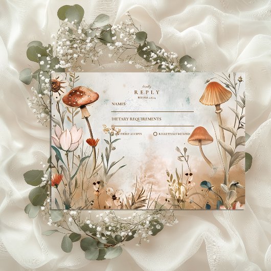 Boho Mushroom Wildflower Wedding RSVP Kaartje