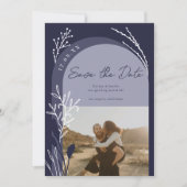 Boho navy blauw foto namen script bruiloft save the date (Voorkant)