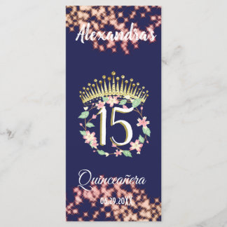 Boho Navy Blauw Roos Goud Quinceañera Viering Menu