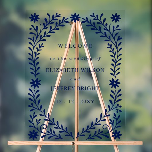 Boho Navy Bloemen Huwelijk Welkom Teken Acryl Bord (Neutraal)
