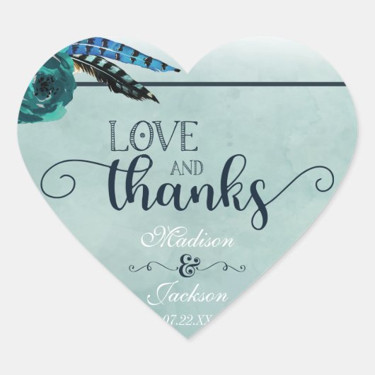 Boho Navy Blue & Aqua Bruiloft Liefde & Bedankt Fa Hart Sticker (Voorkant)