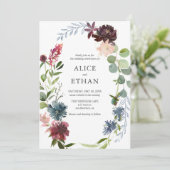 Boho Navy Blue Burgundy Flowers Wedding Kaart (Staand voorkant)