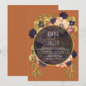 Boho Navy Blue en Terracotta Wedding Invitation Kaart (Voorkant / Achterkant)