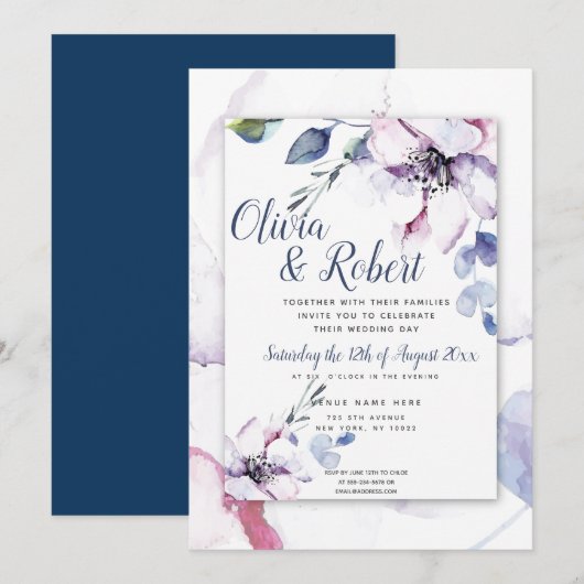 Boho Navy Blue en Waterverf Apple Blossom Kaart (Voorkant / Achterkant)