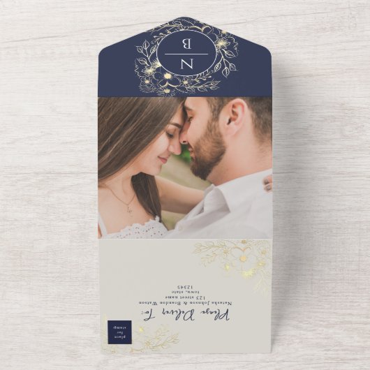 Boho Navy Blue Monogram All-in-One Invitation (Dehors)