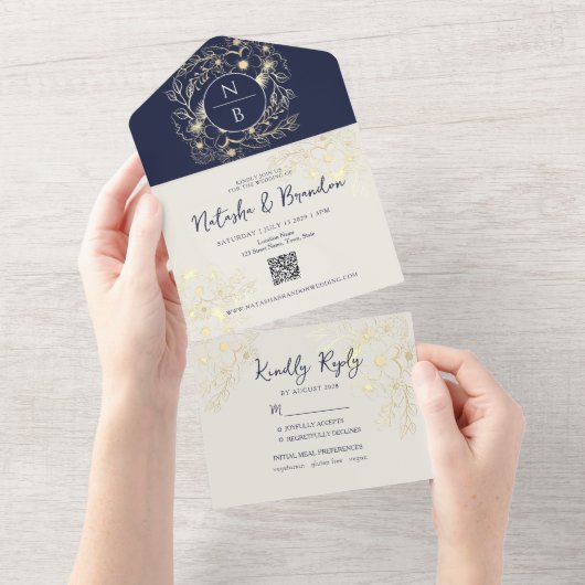 Boho Navy Blue Monogram All-in-One Invitation (Déchirure)