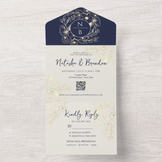 Boho Navy Blue Monogram All-in-One Invitation (À l'intérieur)