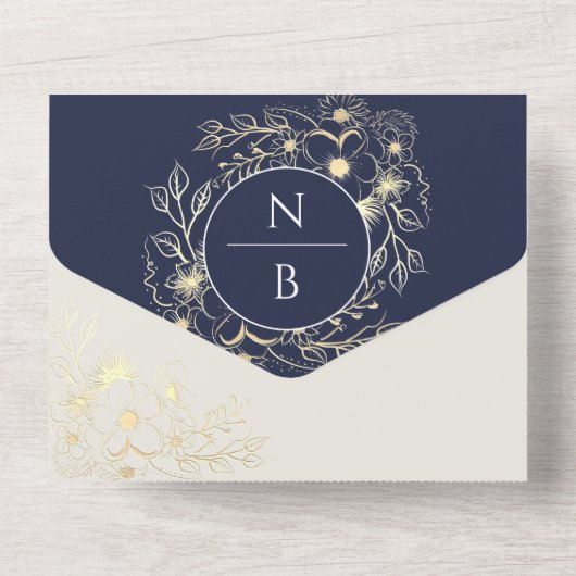 Boho Navy Blue Monogram All-in-One Invitation (Verso)