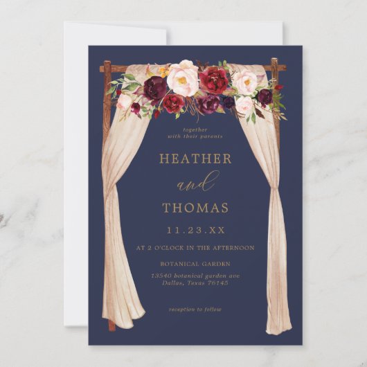 Boho Navy en Burgundy Floral Wedding Kaart (Voorkant)