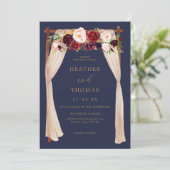 Boho Navy en Burgundy Floral Wedding Kaart (Staand voorkant)