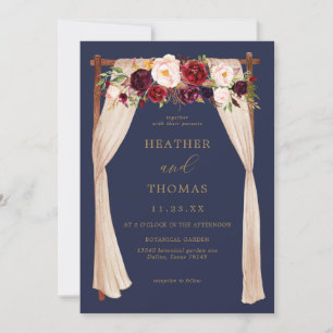 Boho Navy en Burgundy Floral Wedding Kaart