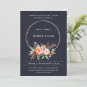 BOHO NAVY FEATHER BLUSH FLORAL WREATDING WEDDING KAART (Staand voorkant)