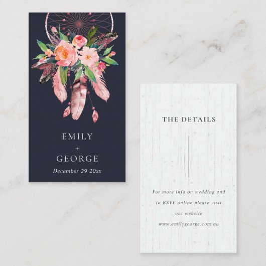BOHO NAVY FLORA ROZE DROOMVANGER TROUWDETAIL VISITEKAARTJE (Voorkant / Achterkant)