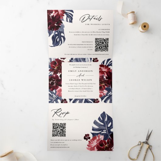 Boho Navy Maroon Monstera Floral 2 QR Code Weddens Drieluik Uitnodiging (Binnen)