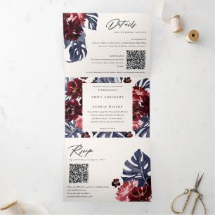 Boho Navy Maroon Monstera Floral QR Code Weddensch Drieluik Uitnodiging