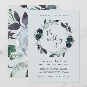 Boho Navy Peony Bloemenkrans op grijs Bruiloft Kaart