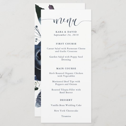Boho Navy Peony | Menu Mariage de calligraphie mod (Devant / Derrière)