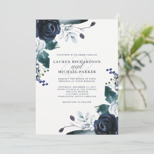 Boho Navy Peony over White | Weddenschap Kaart (Staand voorkant)