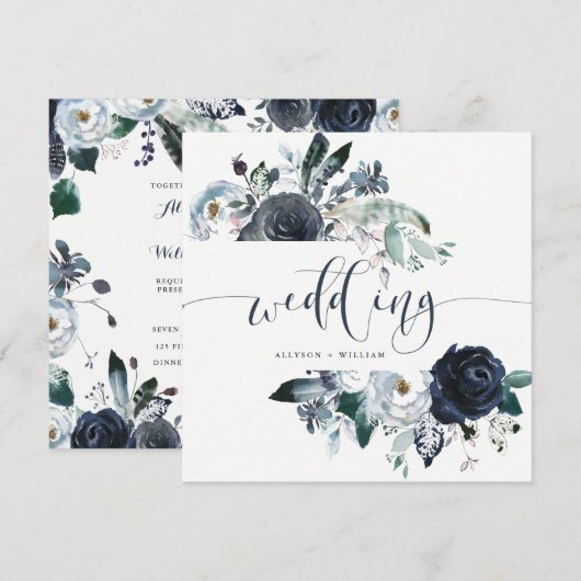 Boho Navy Peony Wedding | Moderne kalligrafie Kaart (Voorkant / Achterkant)